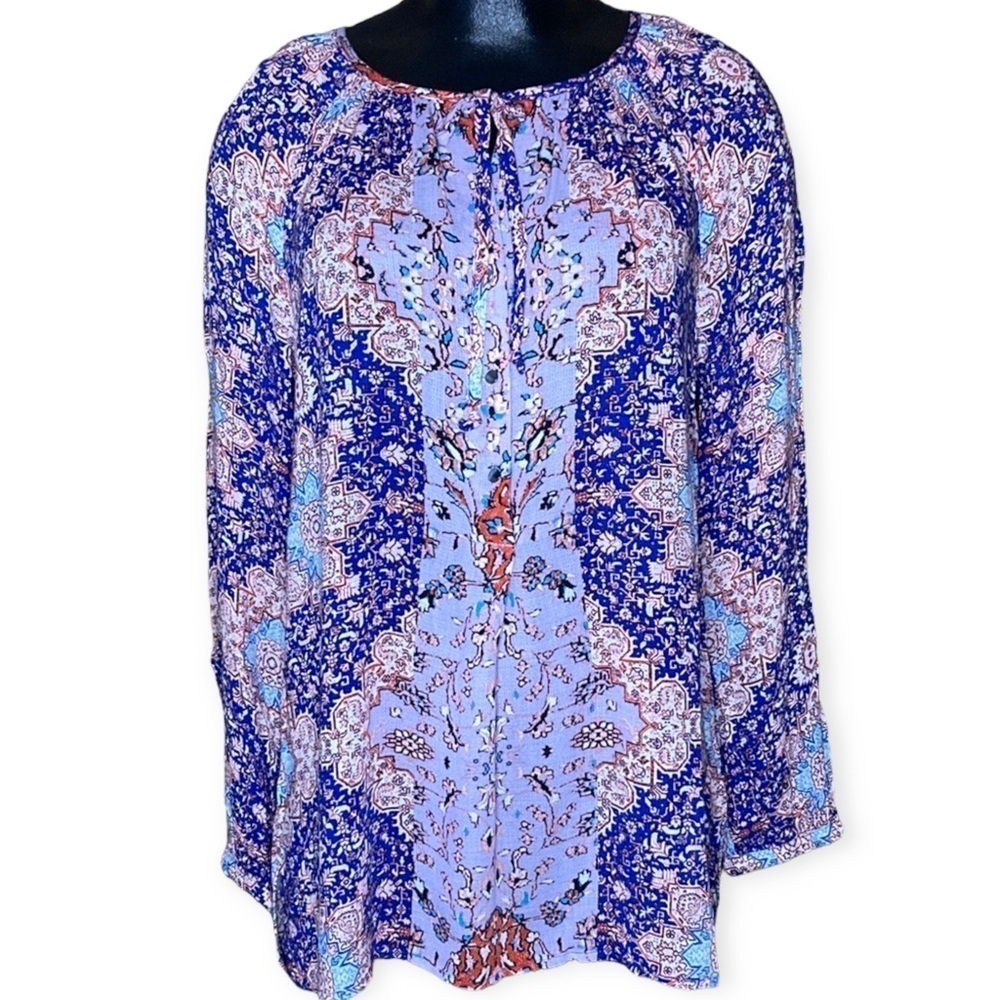 Lucky Brand | Lavender Tie Neck Blouse Tile Print Gauze Peasant Boho Top…